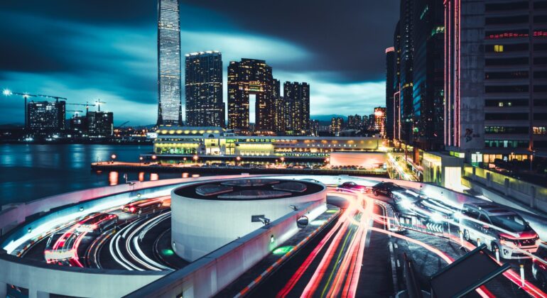 Beautiful view of Honk Kong city with roads and long exposure lights at night