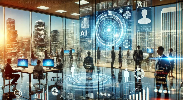 DALL·E 2024-12-09 11.06.43 - A futuristic scene focusing on technology and business innovation. The image shows a modern corporate office with transparent glass walls overlooking (3)